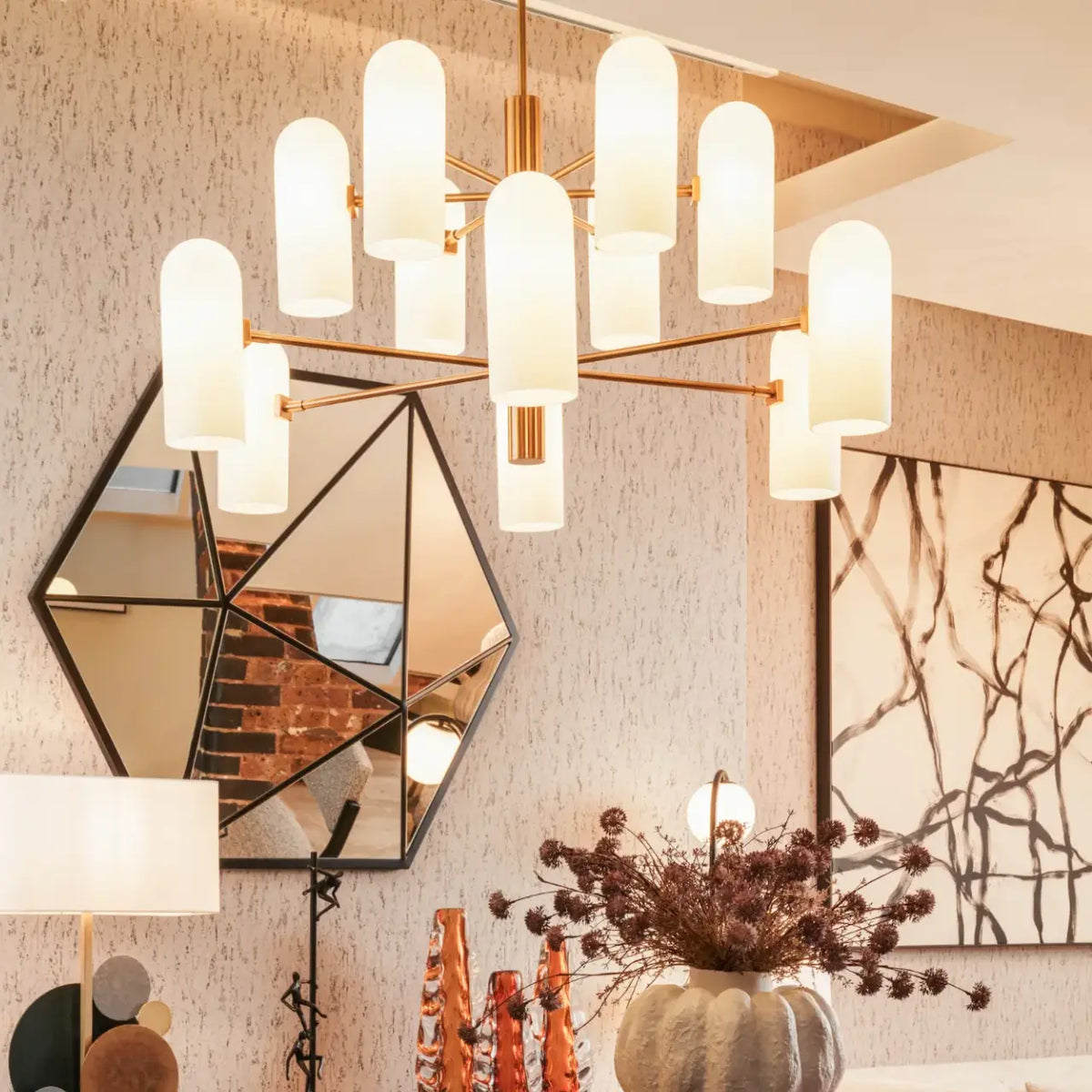 Pawson Chandelier - Brass & White Glass