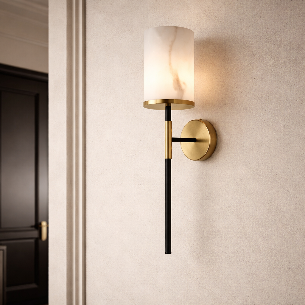 Callum Wall Light - Alabaster Effect, Brass & Black