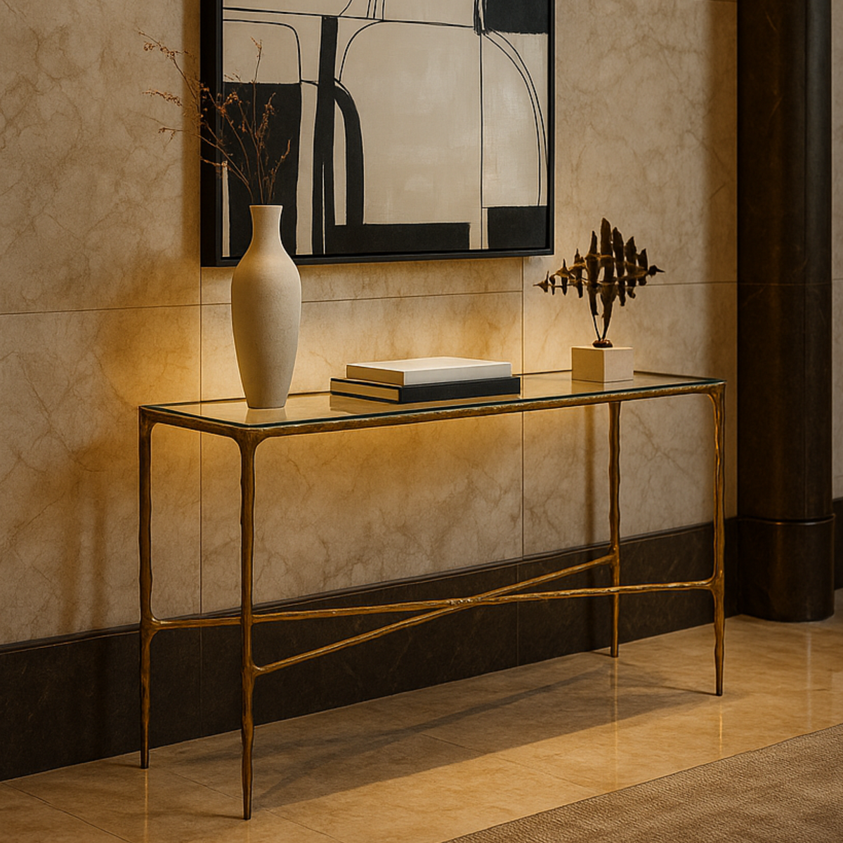 Cobra Console Table - Textured Antique Brass and Glass