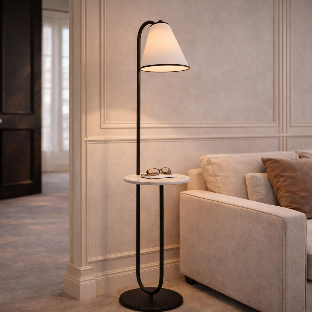 Edgar Floor Lamp - Carrara Marble and White Linen