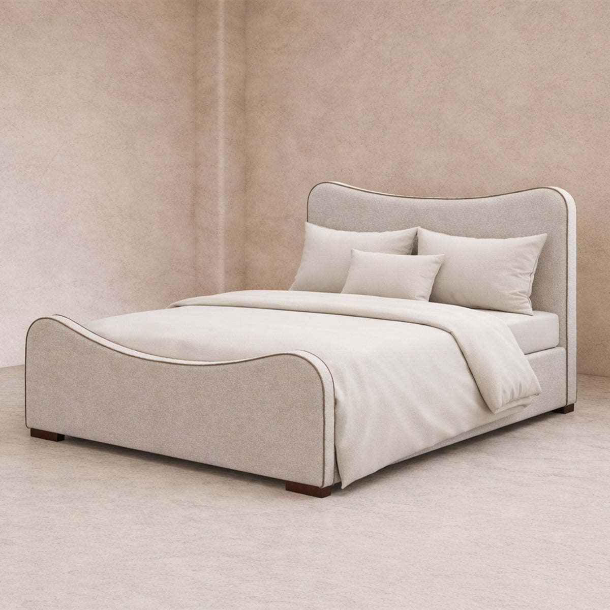 Caleta King Size Bed - Capella Sand with Capella Fennel Seed Piping | Dark Brown Solid Wood