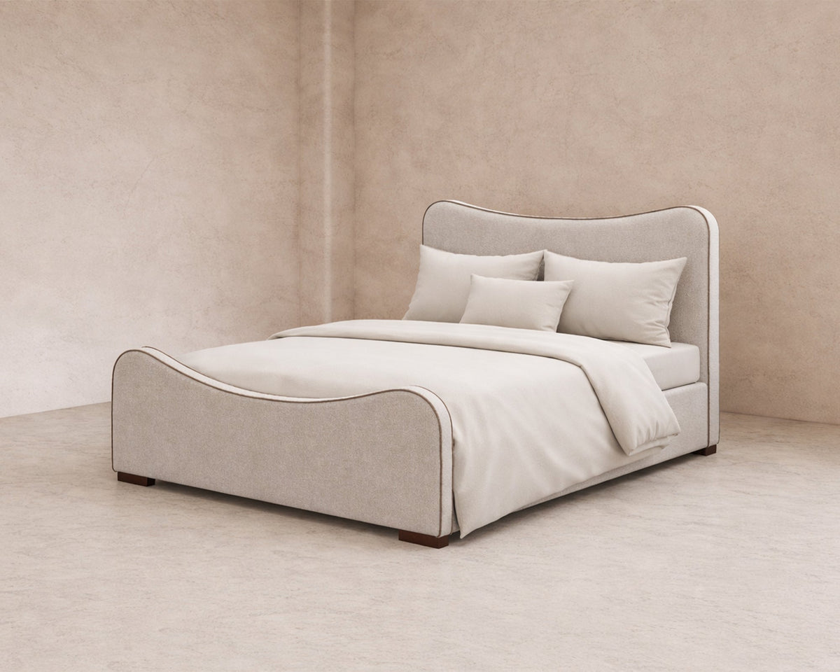 Caleta King Size Bed - Capella Sand with Capella Fennel Seed Piping | Dark Brown Solid Wood