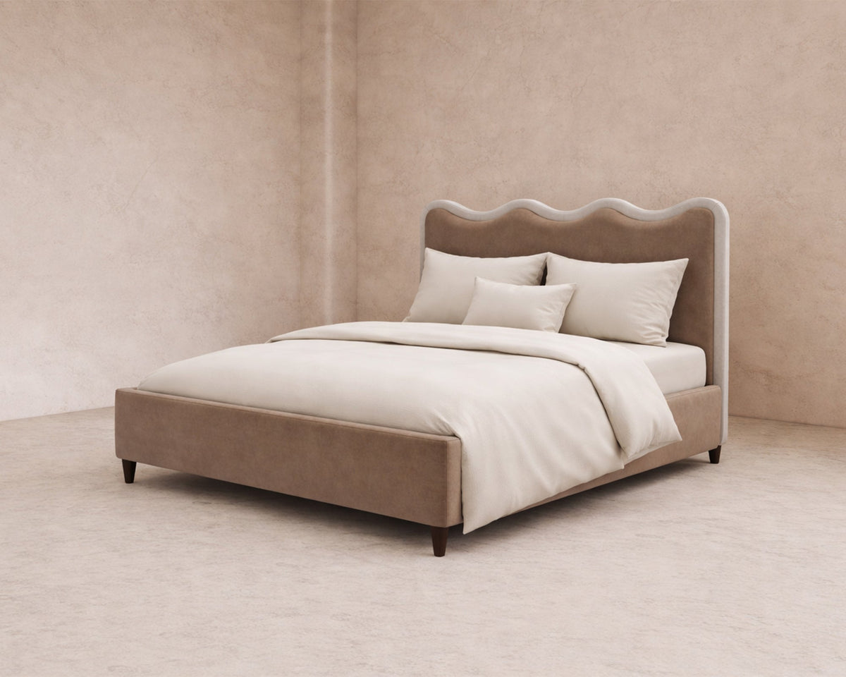 Palermo King Size Bed - Hopper Taupe with Hopper Cream Border | Dark Brown Solid Wood