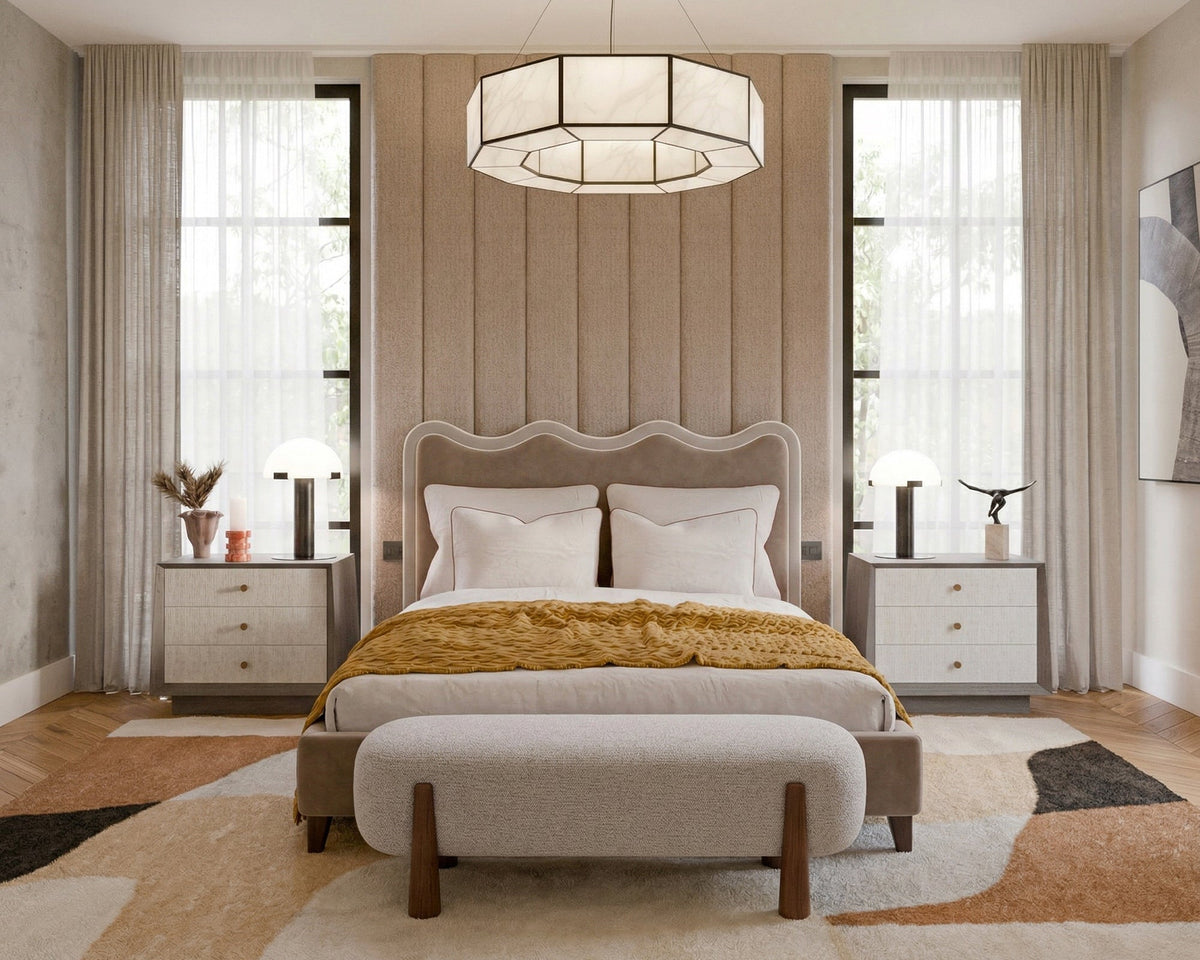 Palermo King Size Bed - Hopper Taupe with Hopper Cream Border | Dark Brown Solid Wood