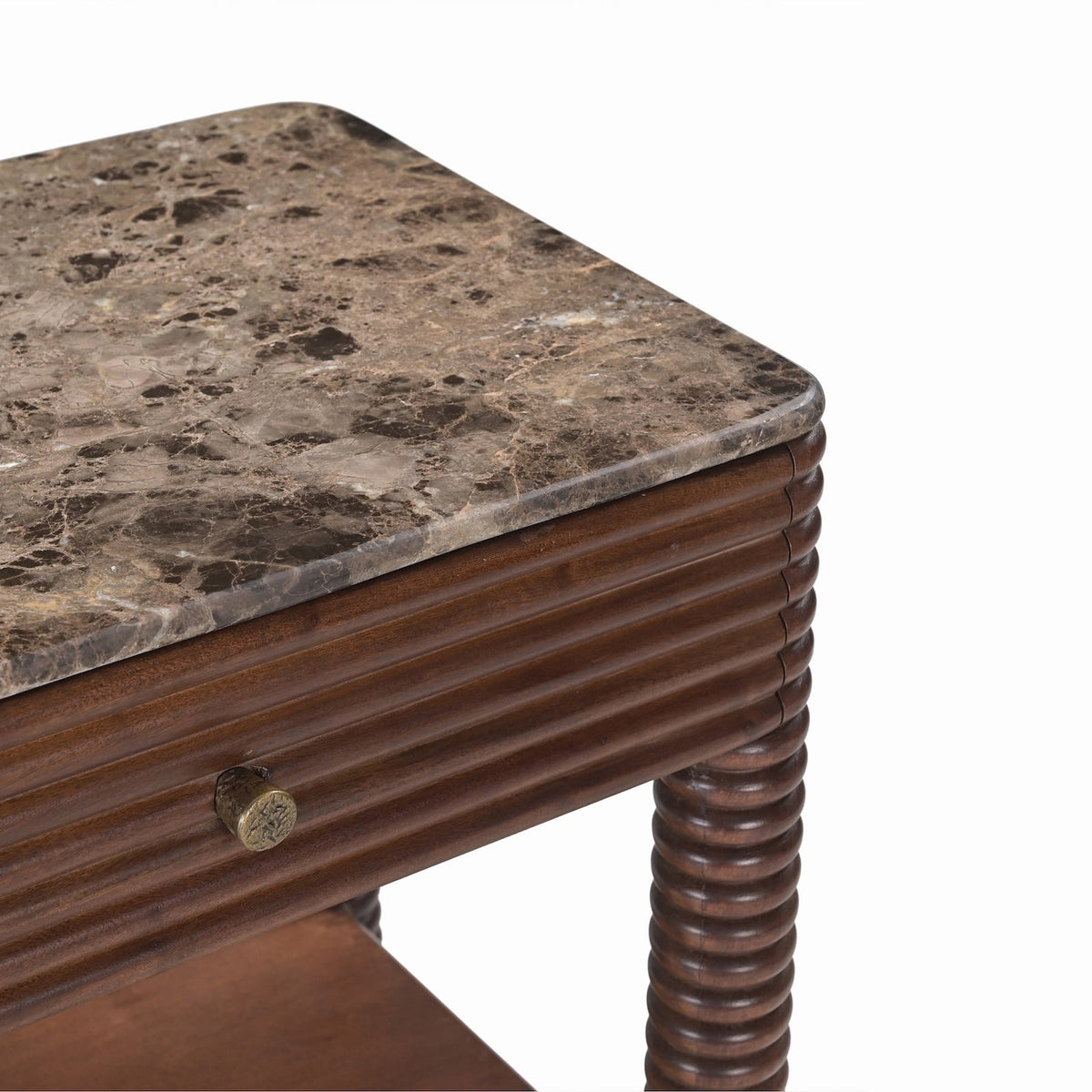 Allure Bedside Table - Dark Brown Emperador Marble & Brushed Mid Brown Textured Acacia Wood