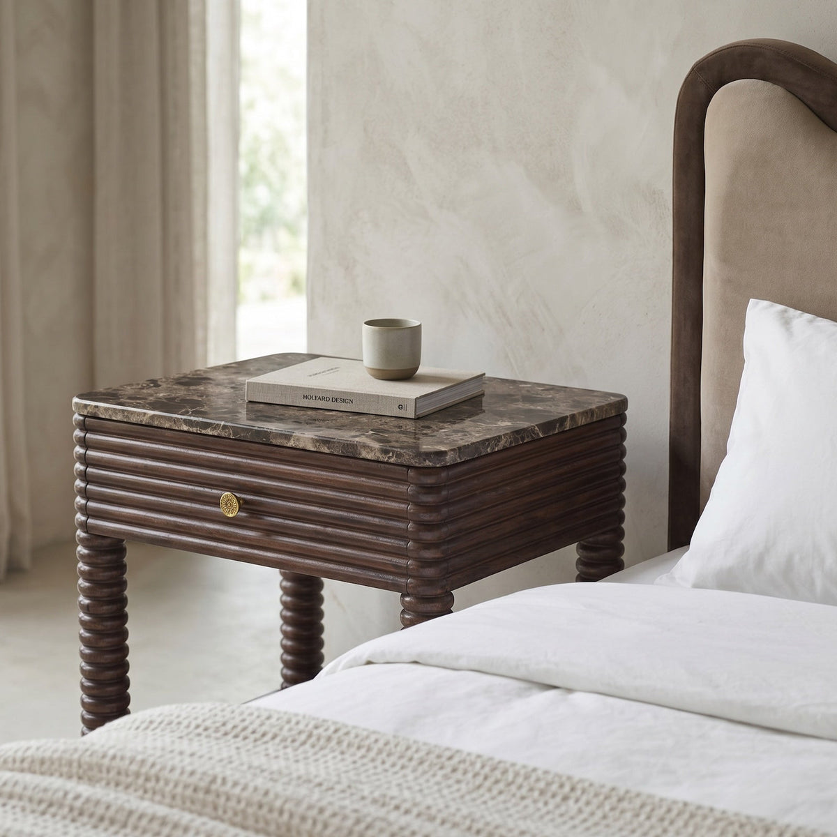 Allure Bedside Table - Dark Brown Emperador Marble & Brushed Mid Brown Textured Acacia Wood