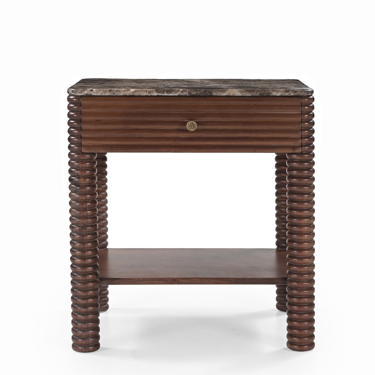 Allure Bedside Table - Dark Brown Emperador Marble & Brushed Mid Brown Textured Acacia Wood