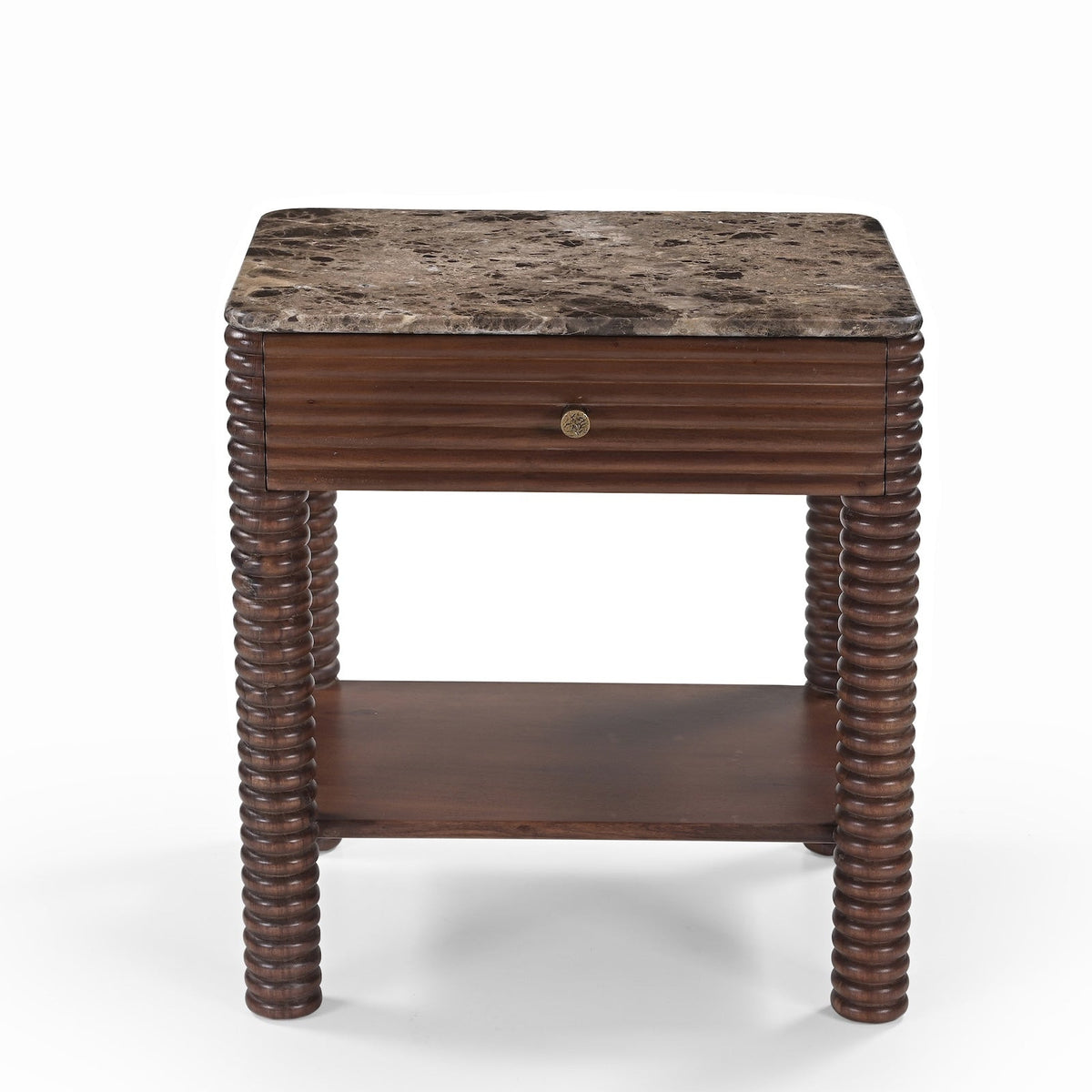 Allure Bedside Table - Dark Brown Emperador Marble & Brushed Mid Brown Textured Acacia Wood