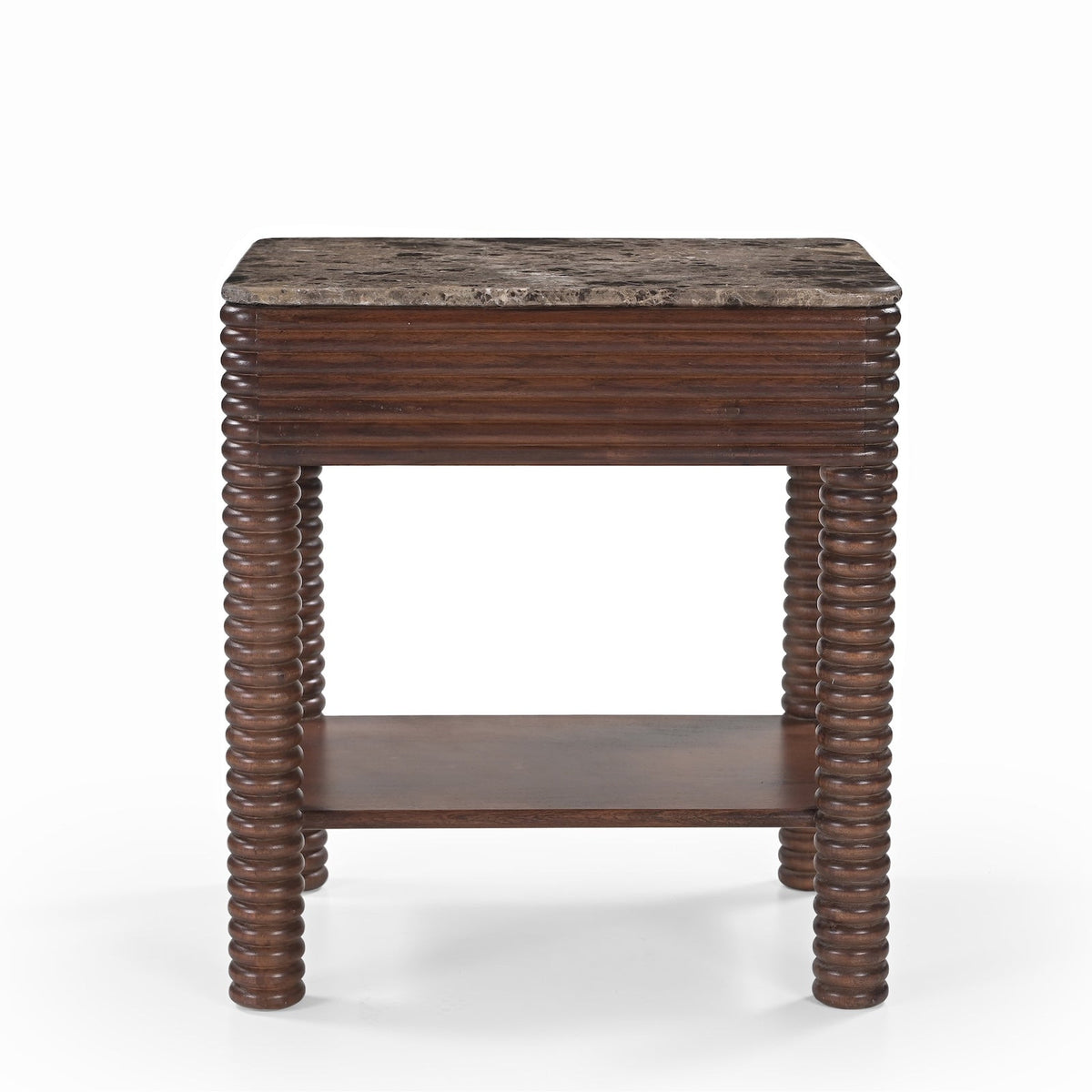 Allure Bedside Table - Dark Brown Emperador Marble & Brushed Mid Brown Textured Acacia Wood