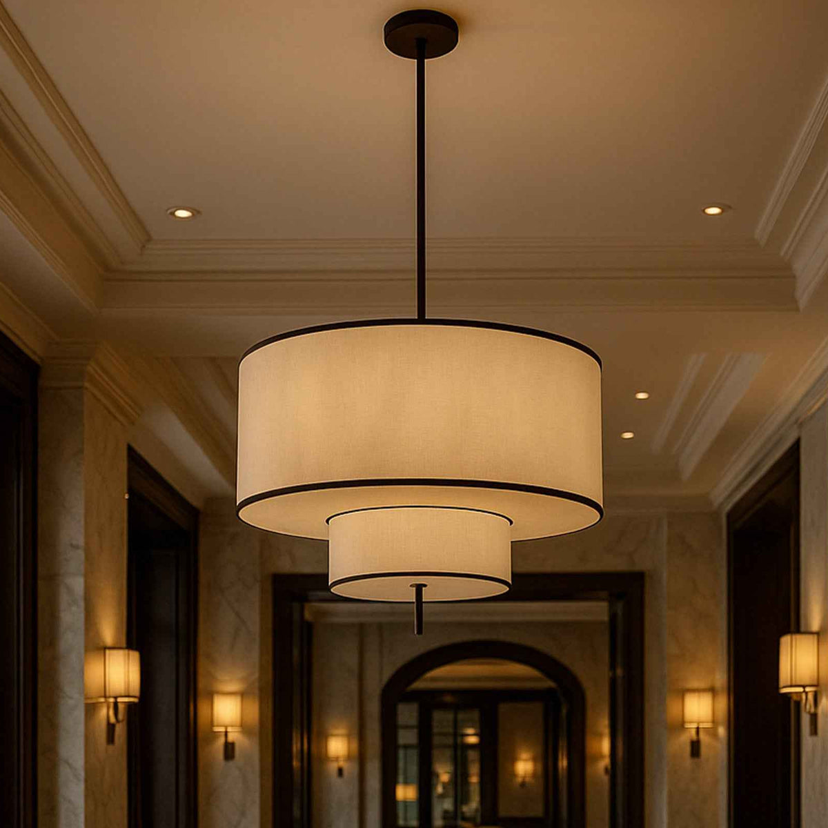 Aris Pendant Lamp - Black Metal and White Linen
