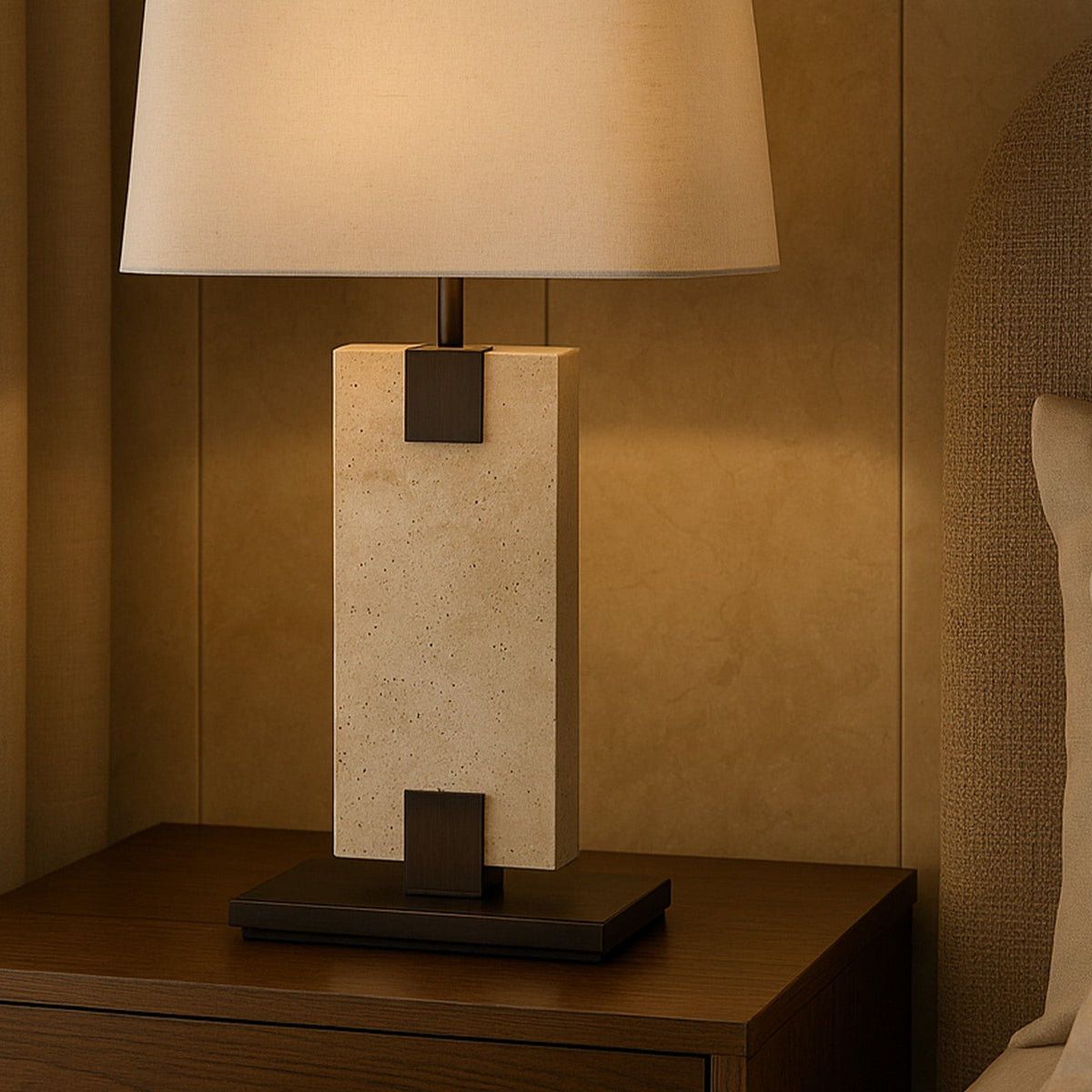 Madison Table Lamp - Travertine and Off White Linen
