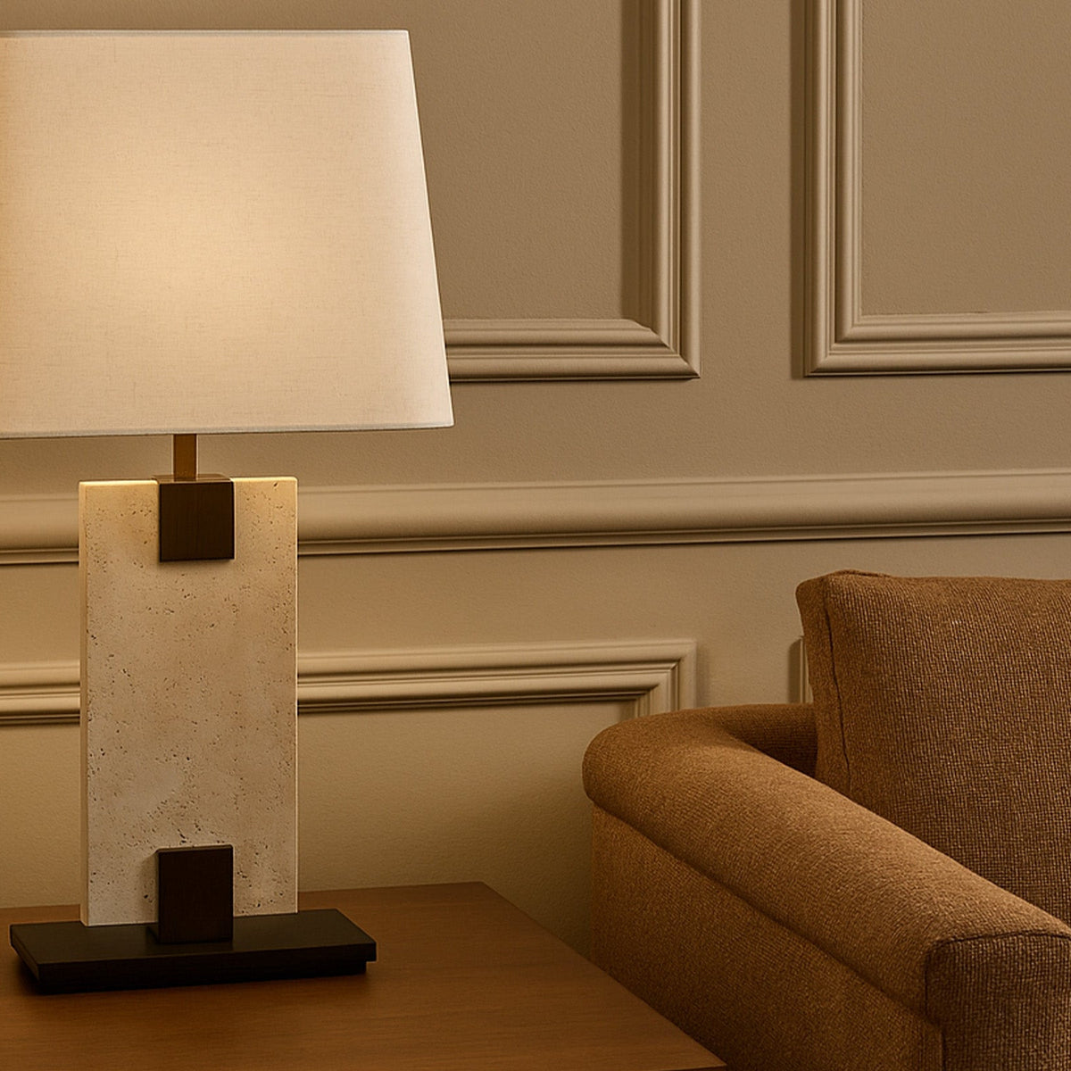 Madison Table Lamp - Travertine and Off White Linen