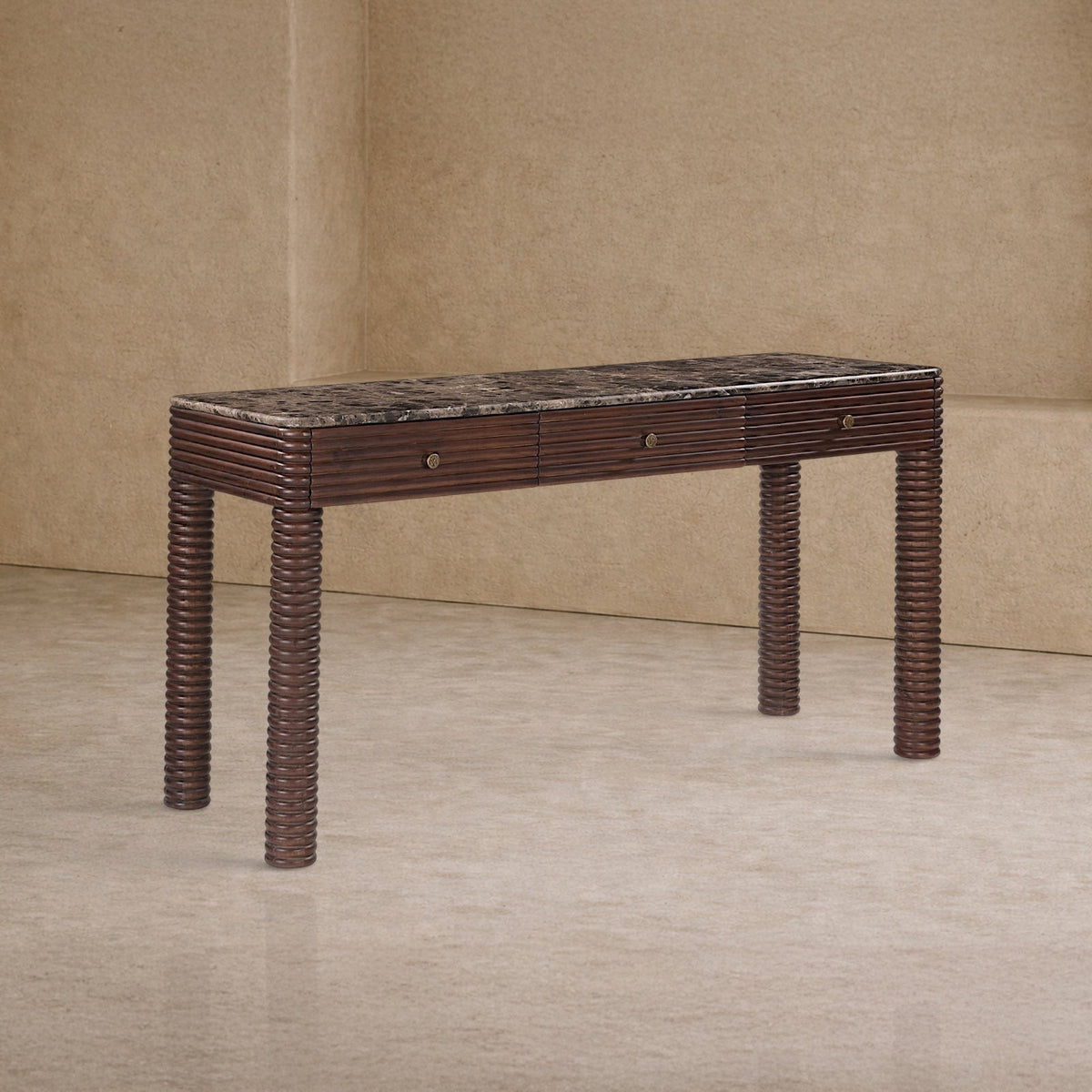 Allure Desk - Dark Brown Emperador Marble & Brushed Mid Brown Textured Acacia Wood