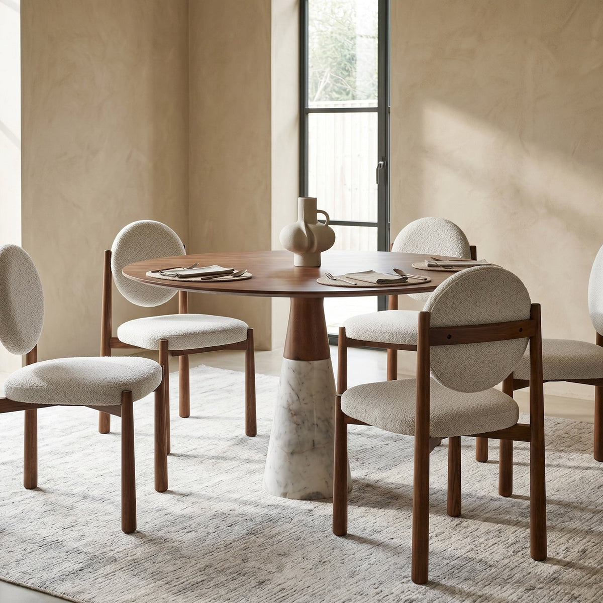 Annie Dining Table - Brushed Mid Brown Wood & Natural White Marble