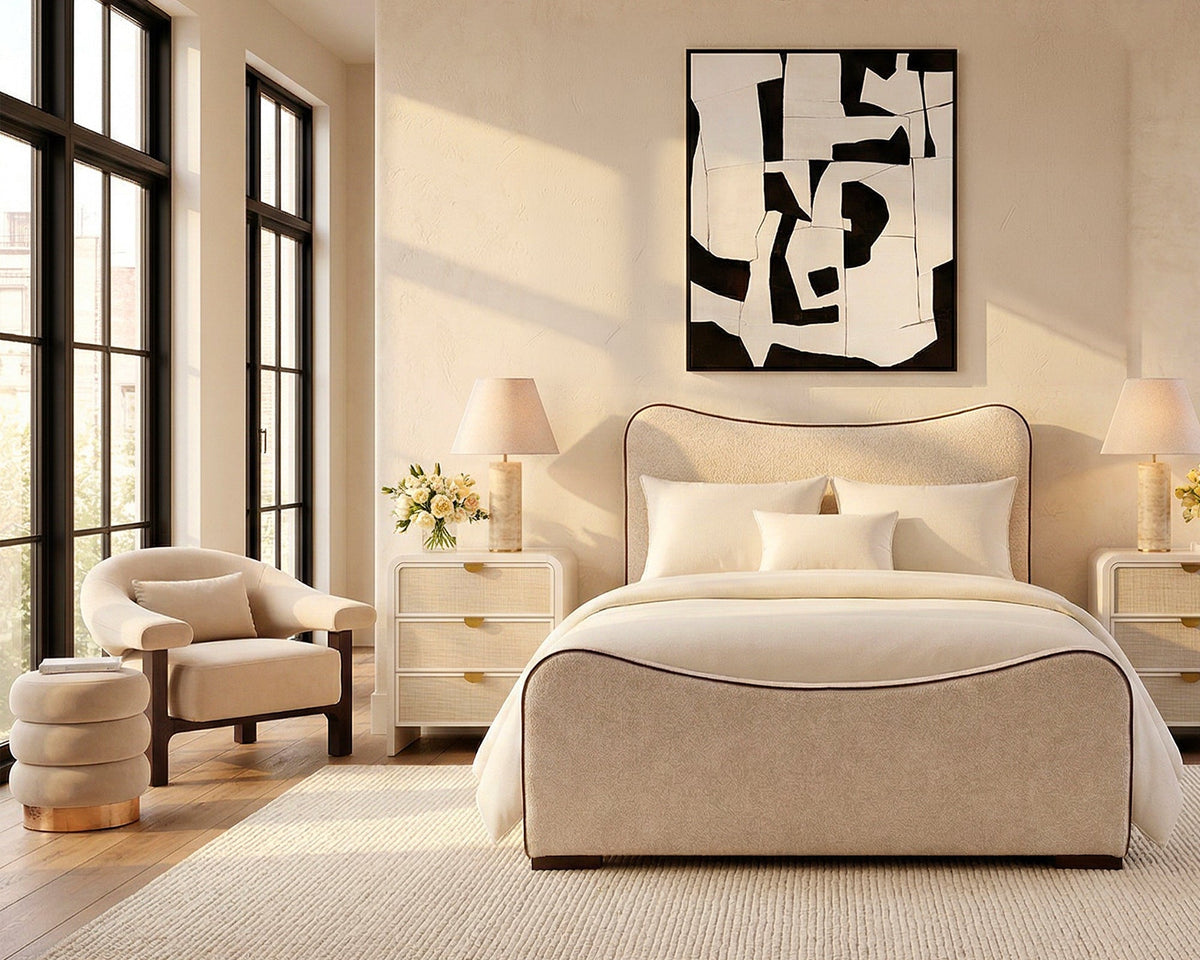 Caleta King Size Bed - Capella Sand with Capella Fennel Seed Piping | Dark Brown Solid Wood