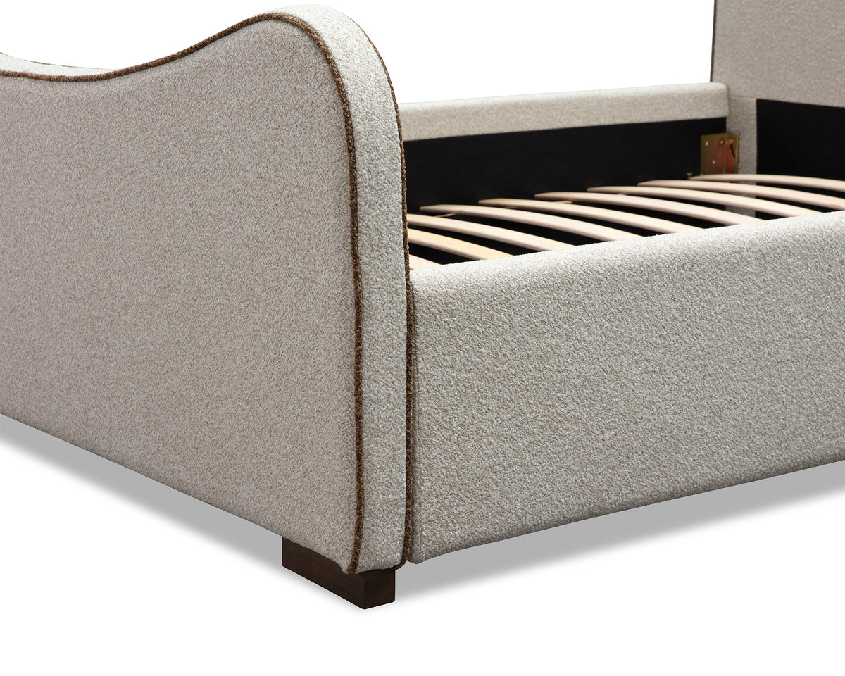 Caleta King Size Bed - Capella Sand with Capella Fennel Seed Piping | Dark Brown Solid Wood