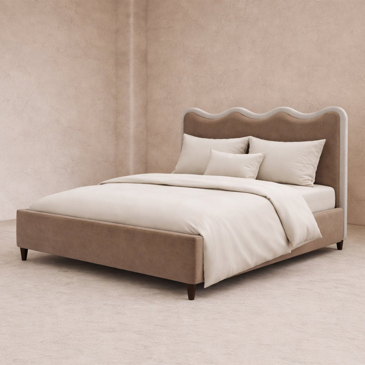 Palermo King Size Bed - Hopper Taupe with Hopper Cream Border | Dark Brown Solid Wood