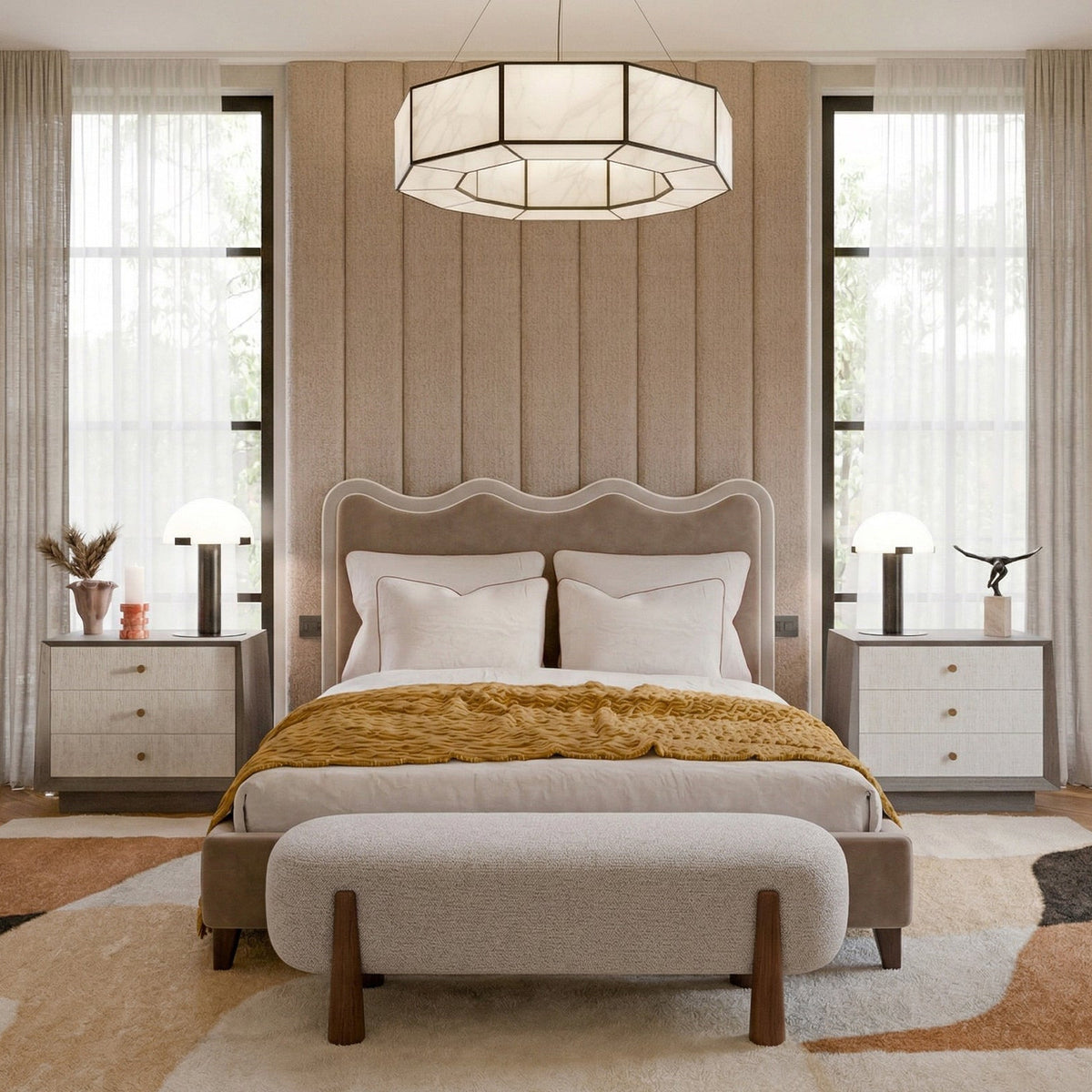 Palermo King Size Bed - Hopper Taupe with Hopper Cream Border | Dark Brown Solid Wood