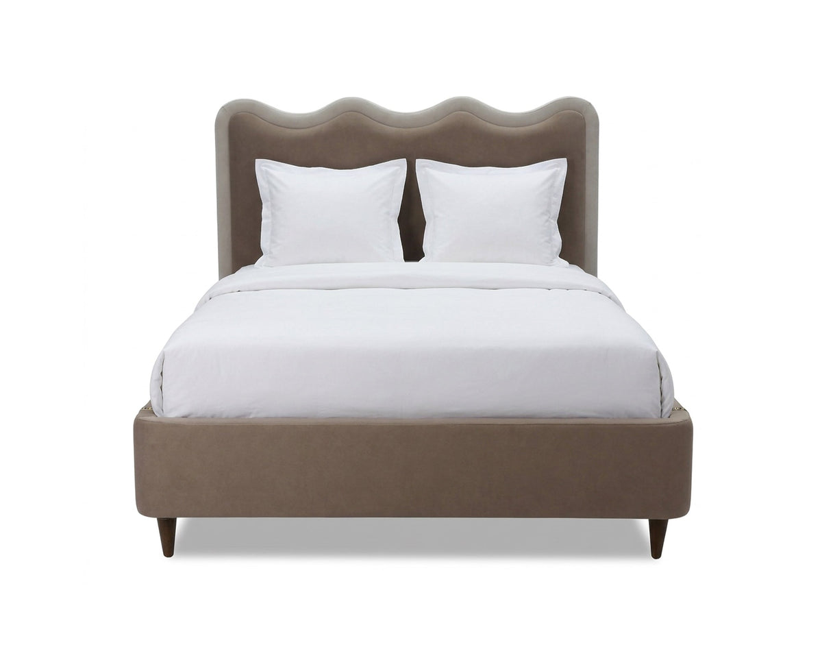 Palermo King Size Bed - Hopper Taupe with Hopper Cream Border | Dark Brown Solid Wood