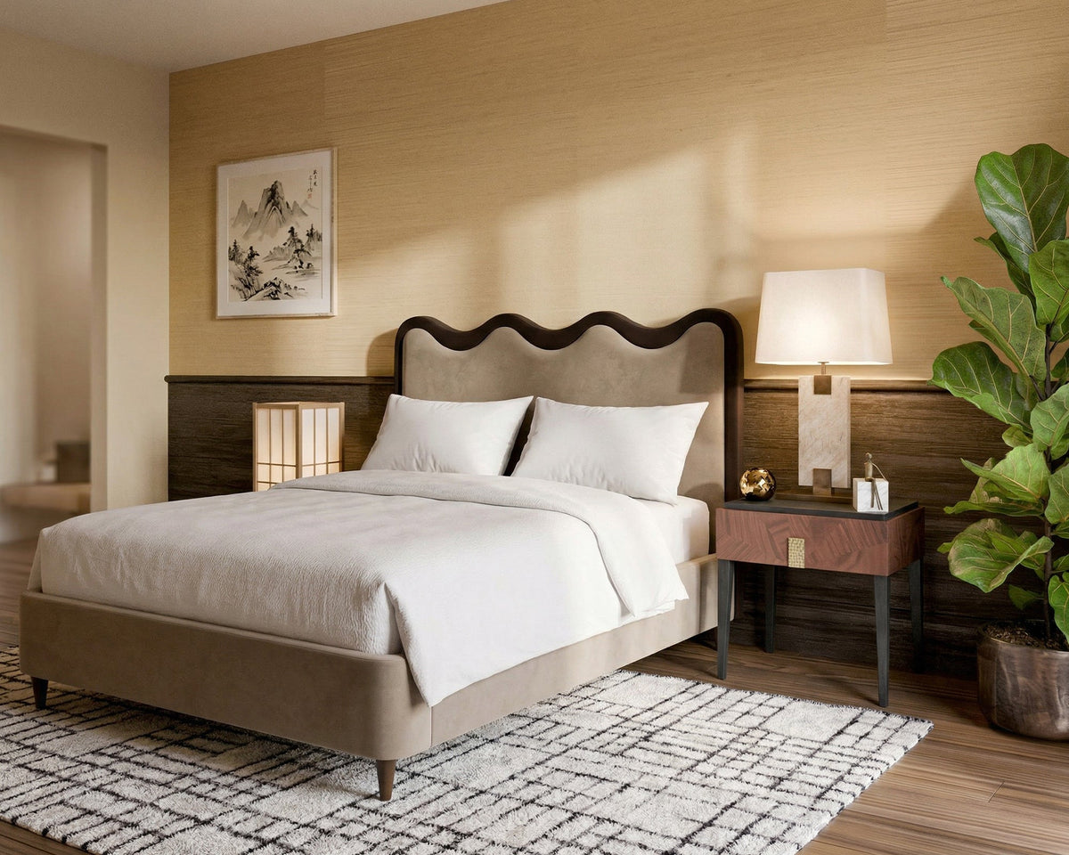 Palermo King Size Bed - Hopper Desert with Hopper Terra Border | Dark Brown Solid Wood