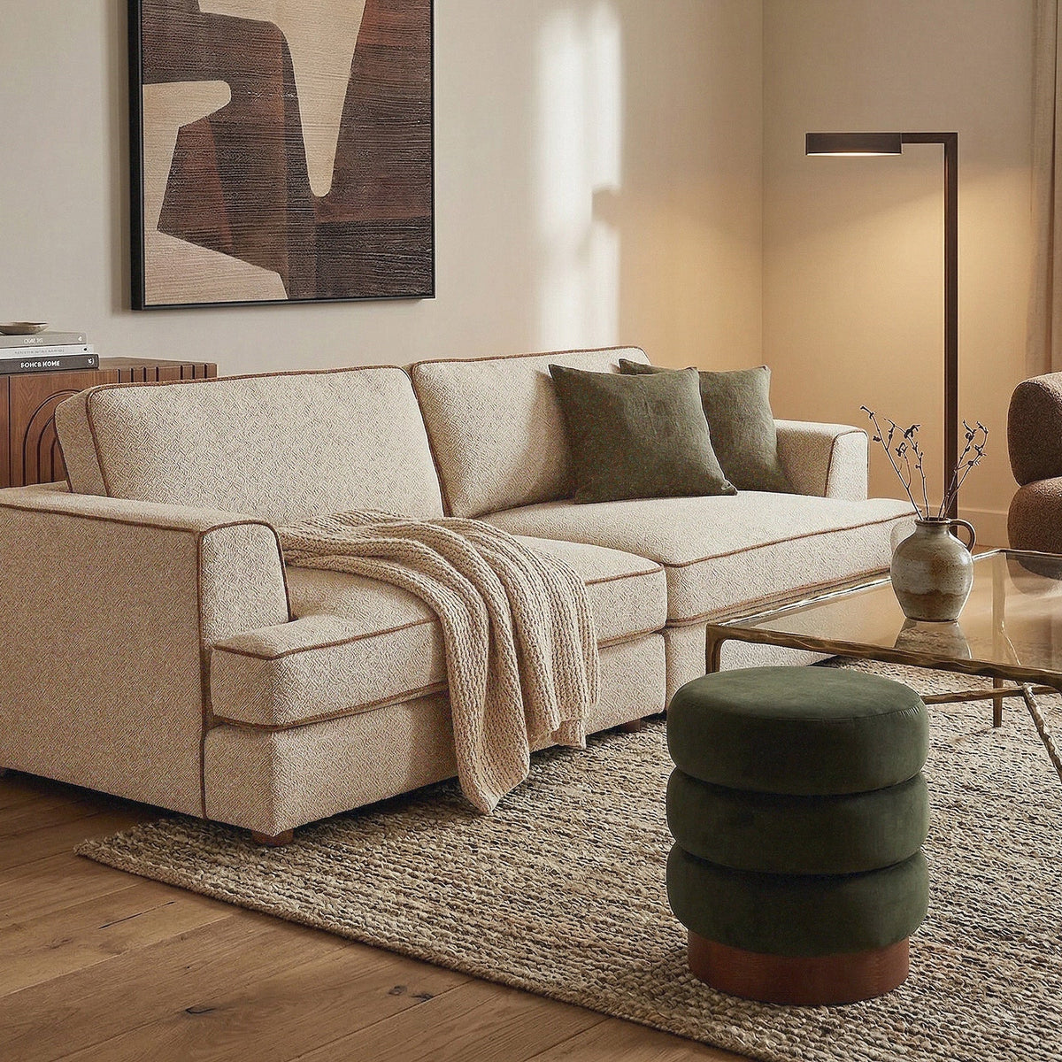 Cameron Sofa - Capella Sand with Capella Fennel Seed Piping | Dark Brown Solid Wood