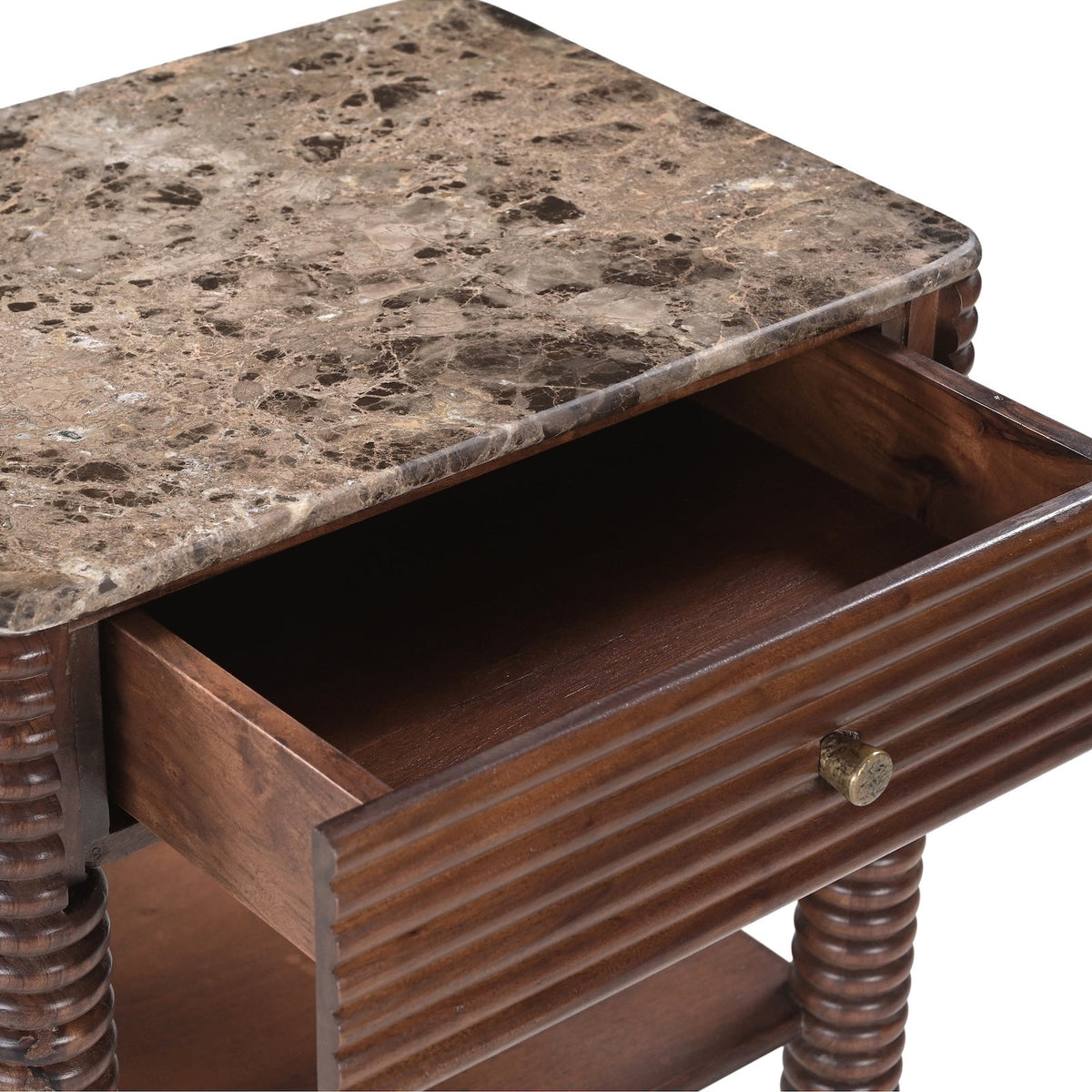 Allure Bedside Table - Dark Brown Emperador Marble & Brushed Mid Brown Textured Acacia Wood