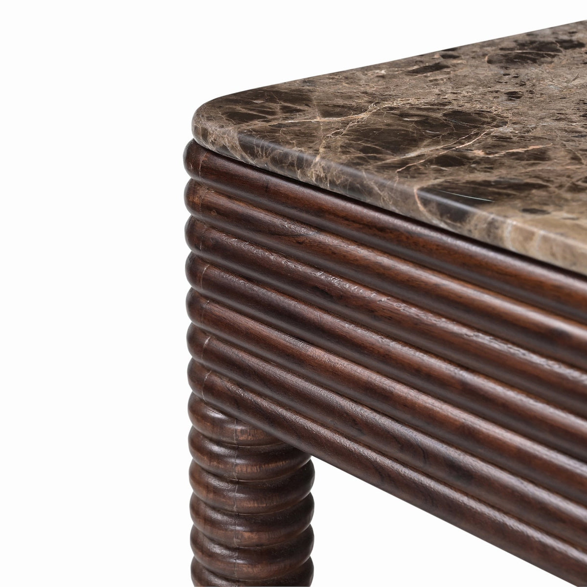 Allure Bedside Table - Dark Brown Emperador Marble & Brushed Mid Brown Textured Acacia Wood