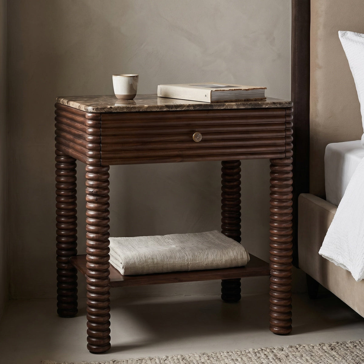 Allure Bedside Table - Dark Brown Emperador Marble & Brushed Mid Brown Textured Acacia Wood