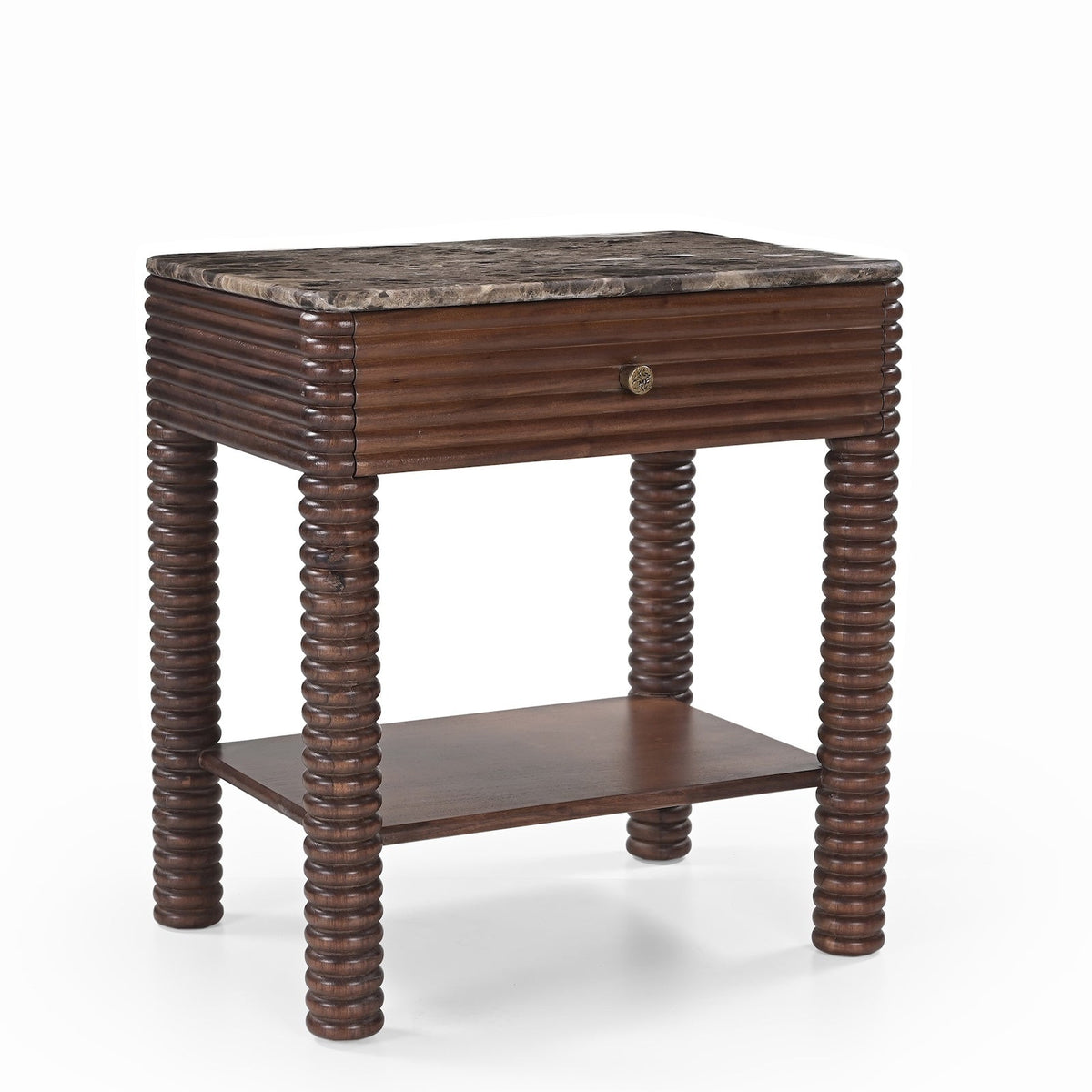 Allure Bedside Table - Dark Brown Emperador Marble & Brushed Mid Brown Textured Acacia Wood
