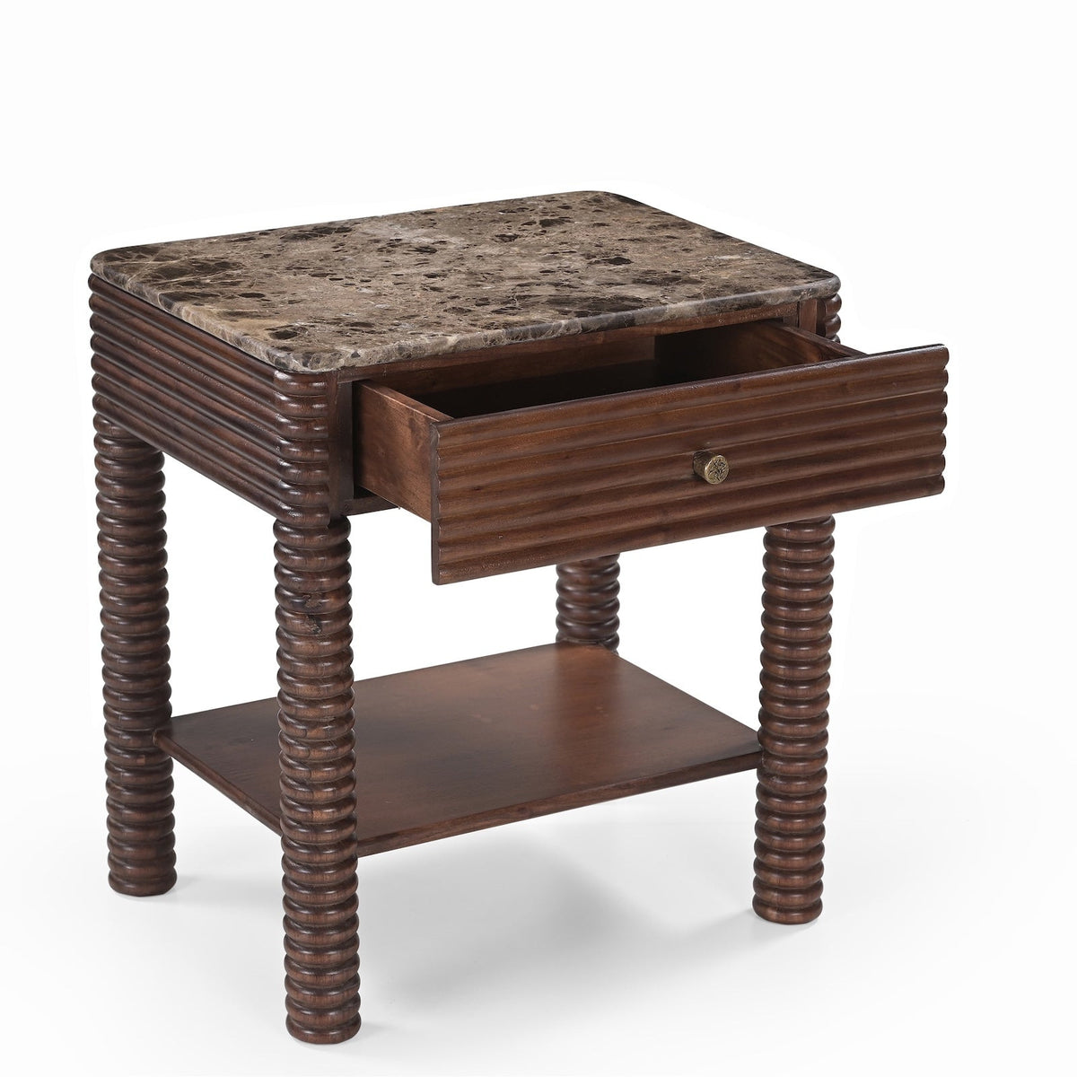 Allure Bedside Table - Dark Brown Emperador Marble & Brushed Mid Brown Textured Acacia Wood