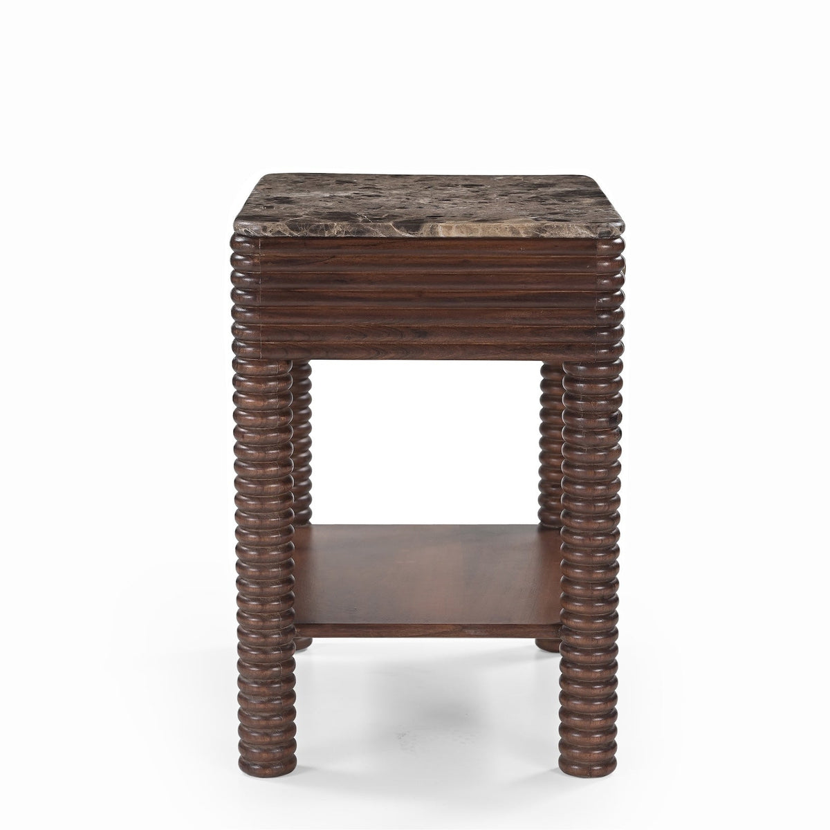 Allure Bedside Table - Dark Brown Emperador Marble & Brushed Mid Brown Textured Acacia Wood