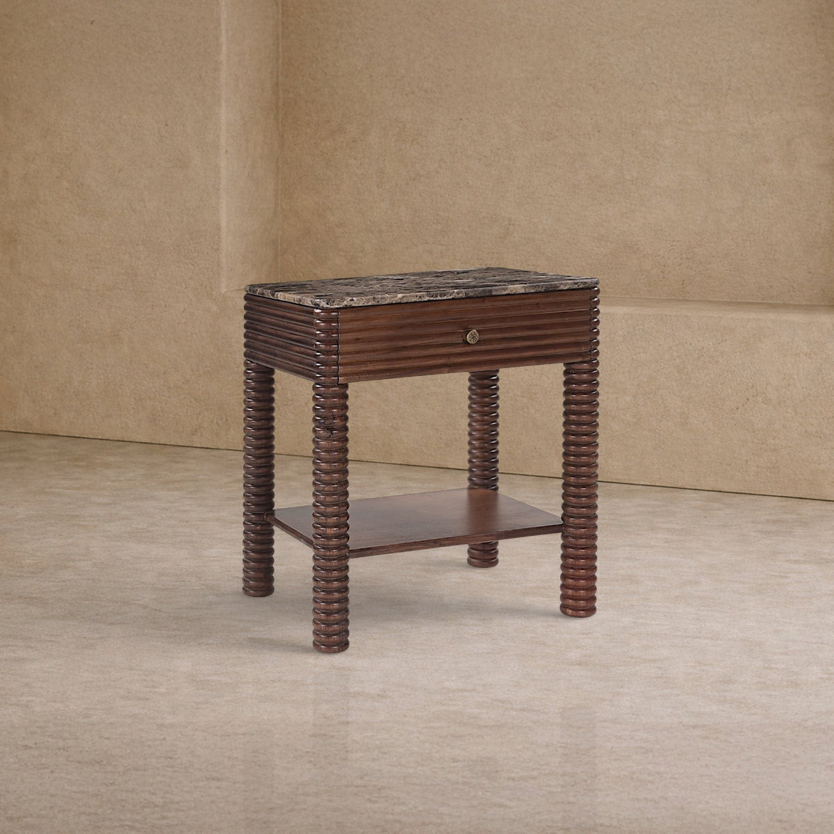 Allure Bedside Table - Dark Brown Emperador Marble & Brushed Mid Brown Textured Acacia Wood