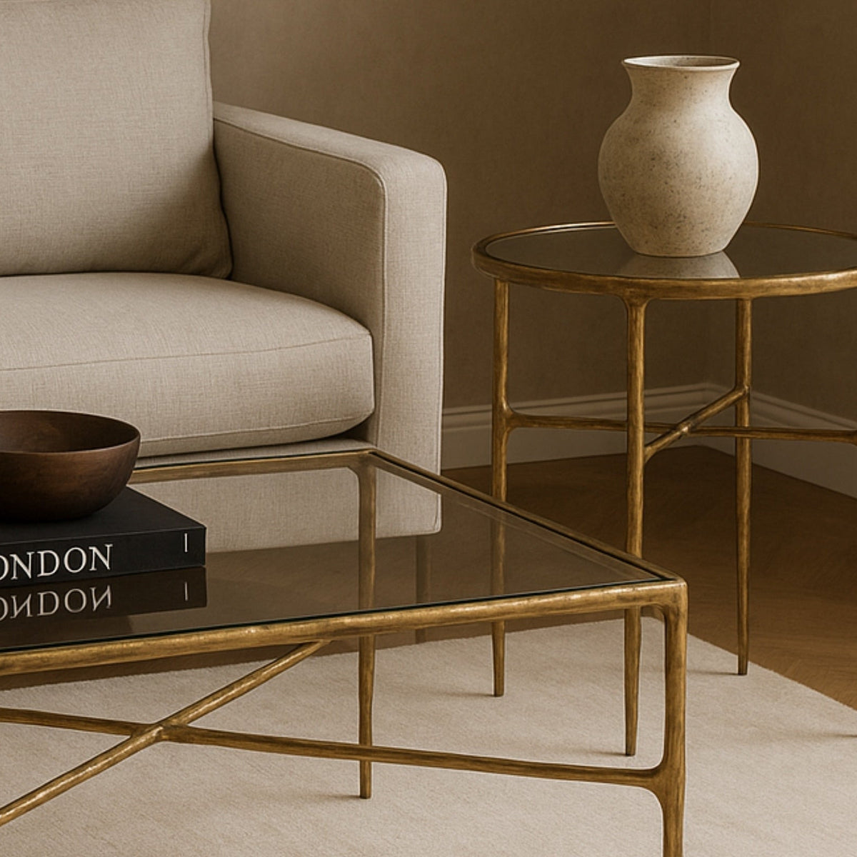 Cobra Side Table - Textured Antique Brass and Glass