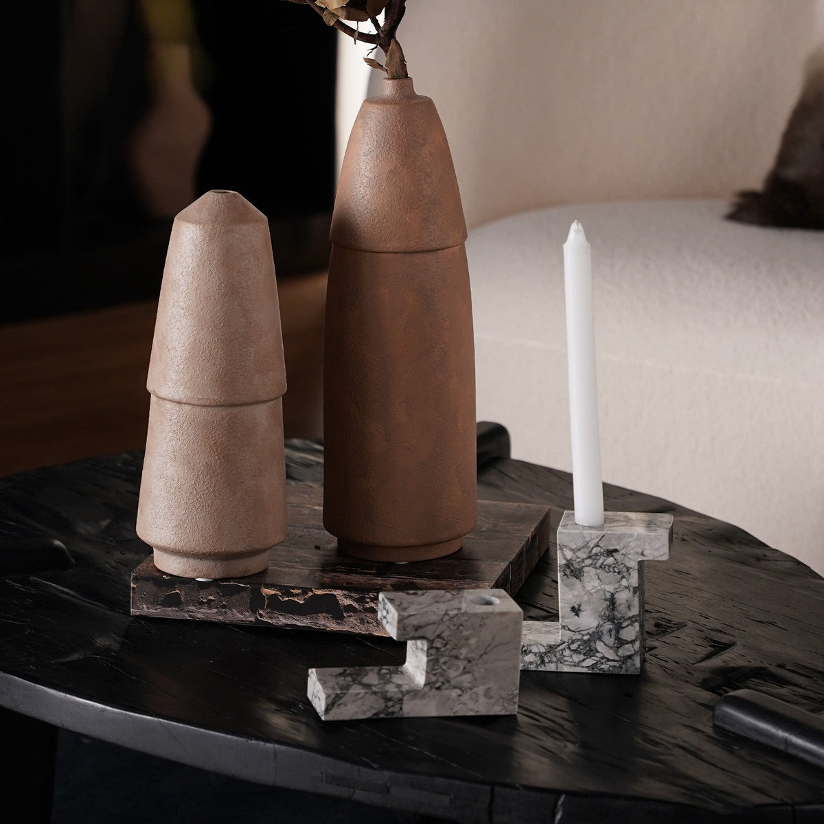 Arco Candle Holders Set - Natural Grey and White Marble