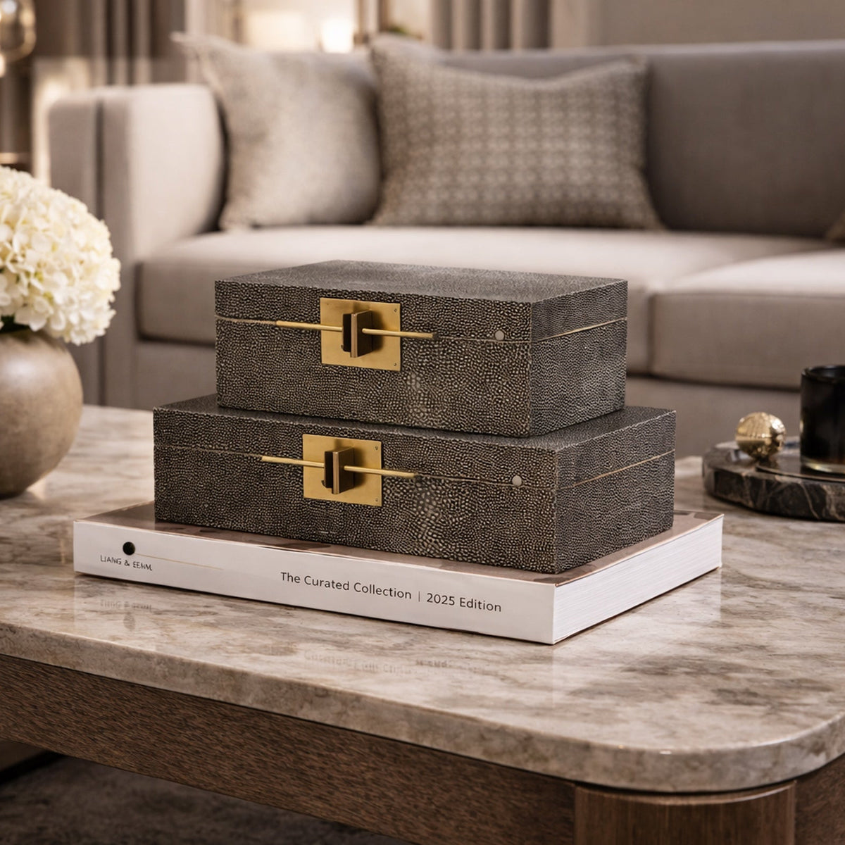 Aurello Boxes (set of 2) - Dark Grey Leather