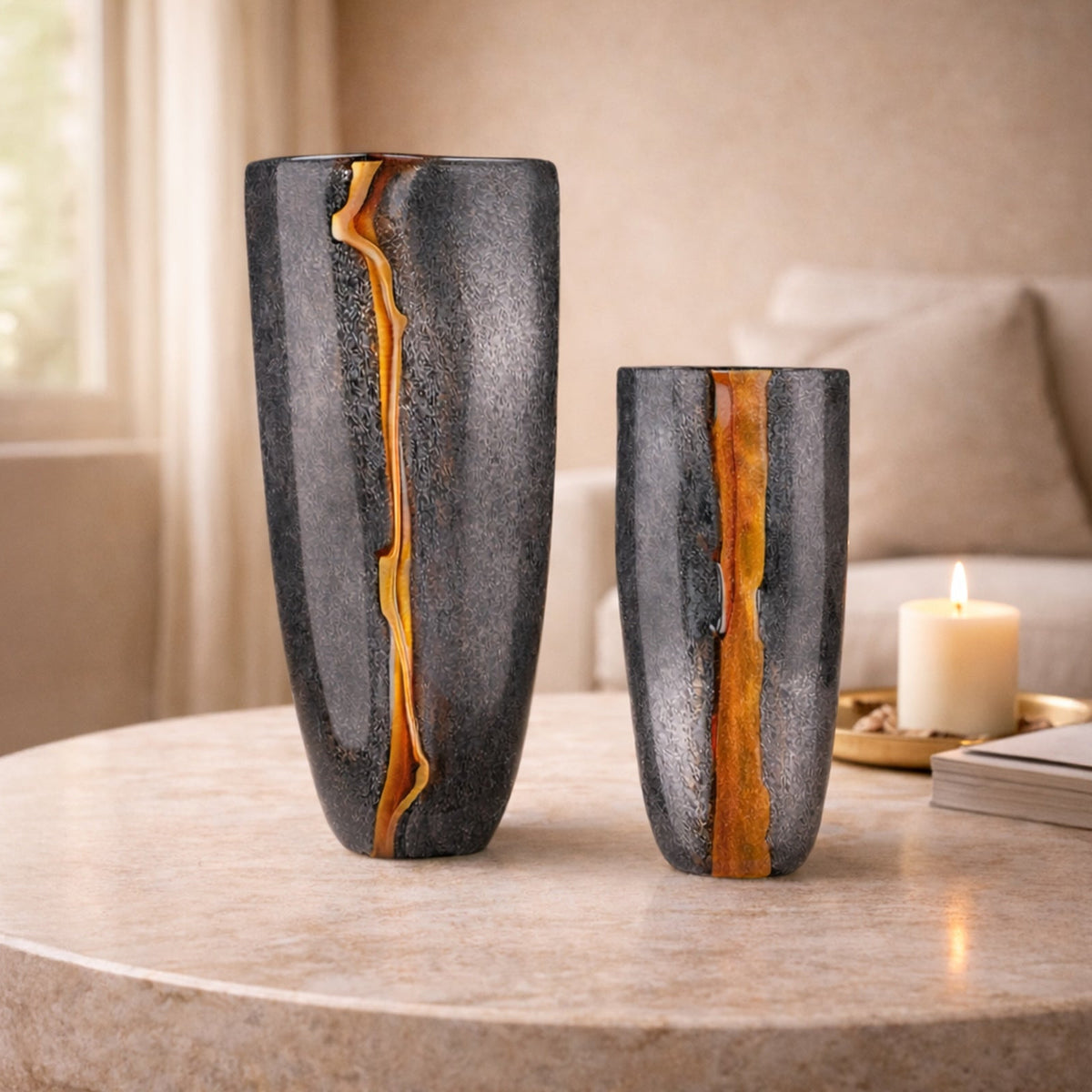 Cassiano Large Vase - Charcoal & Amber Veined Glass
