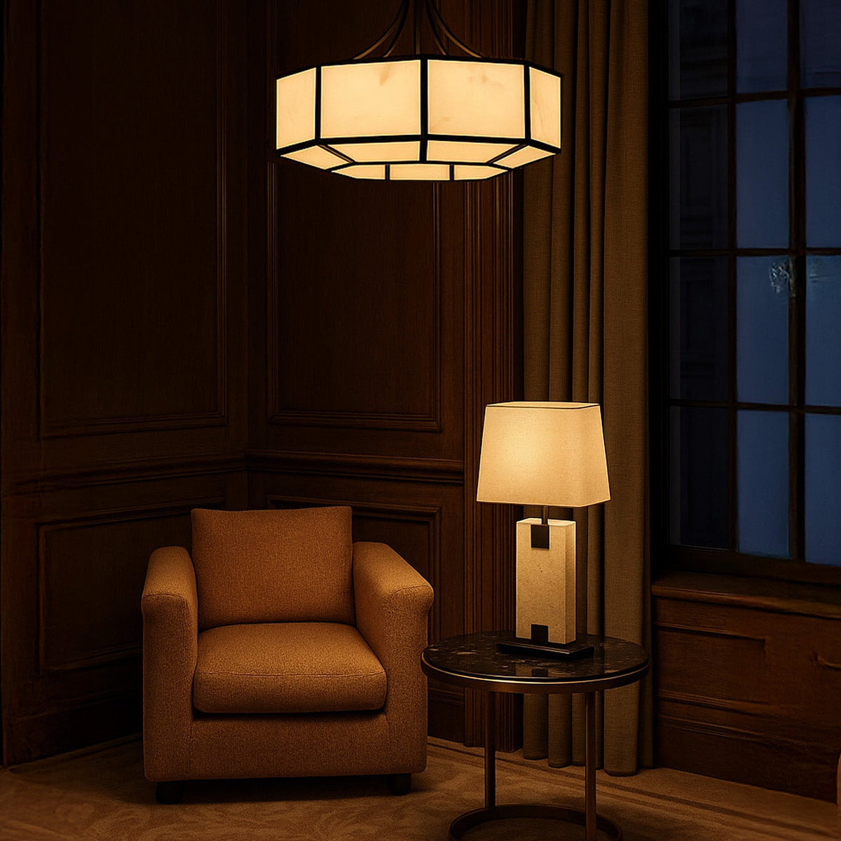 Allen Pendant Lamp - Alabaster Effect and Black Metal