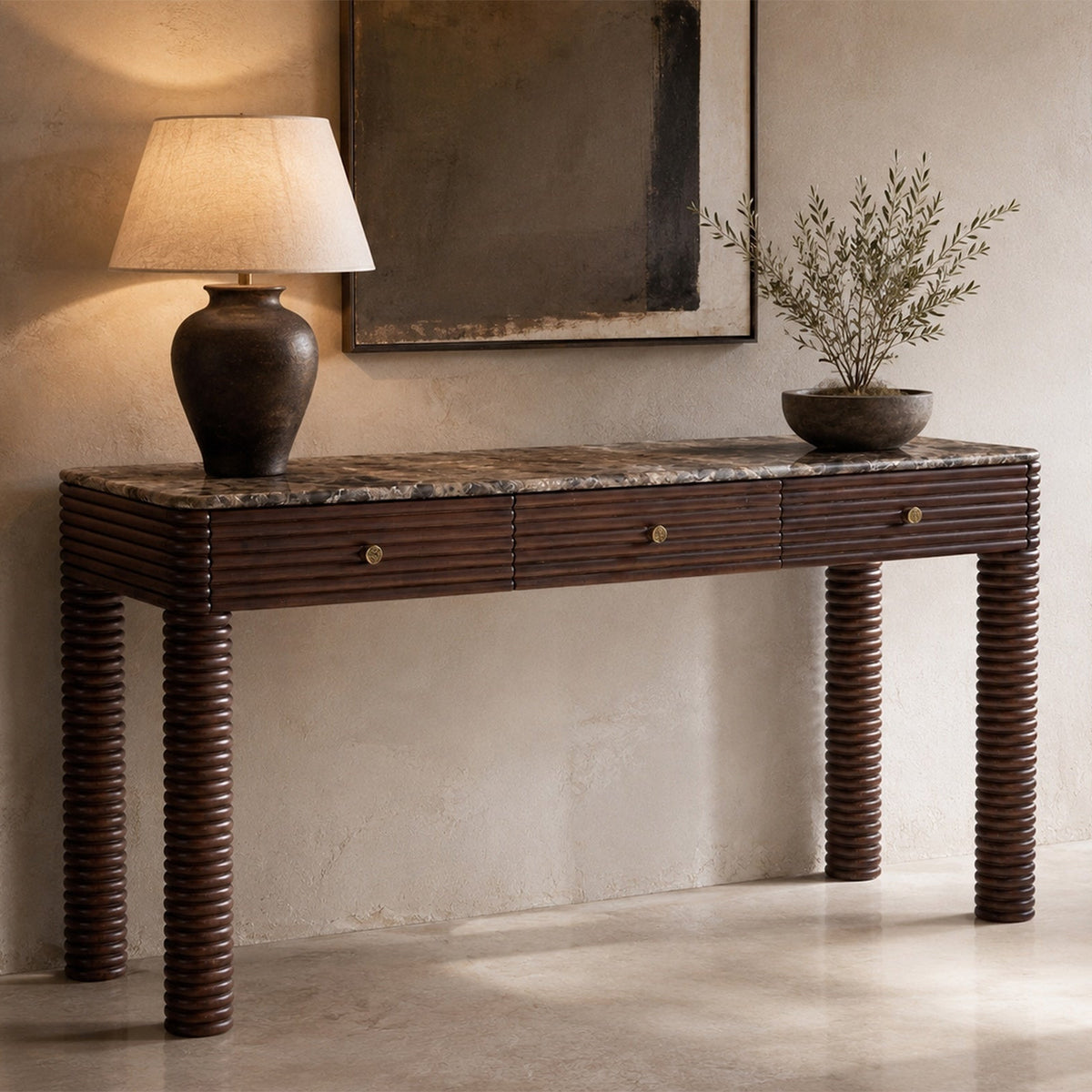 Allure Desk - Dark Brown Emperador Marble & Brushed Mid Brown Textured Acacia Wood