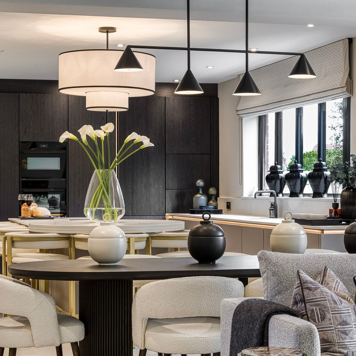 Aris Pendant Lamp - Black Metal and White Linen