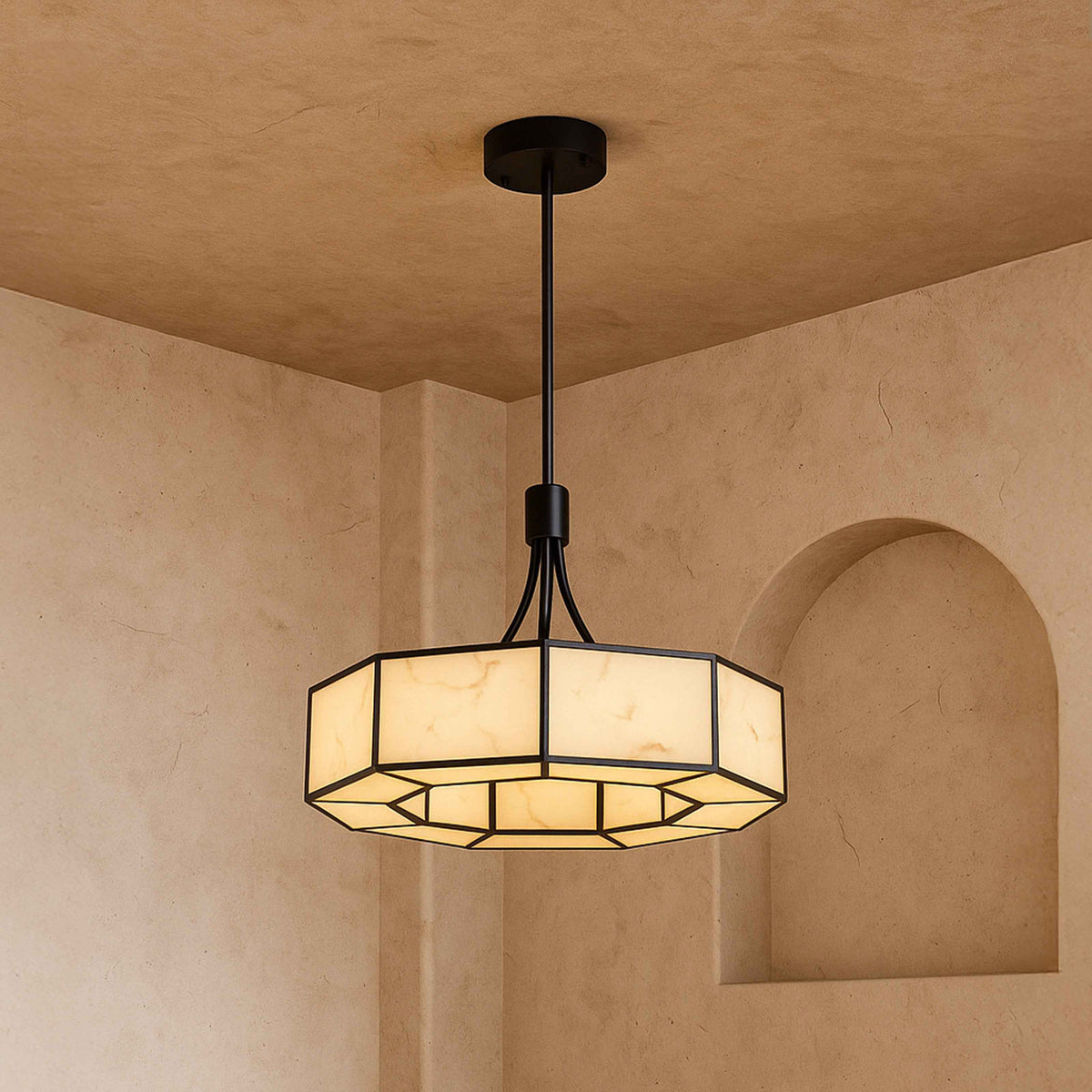 Allen Pendant Lamp - Alabaster Effect and Black Metal