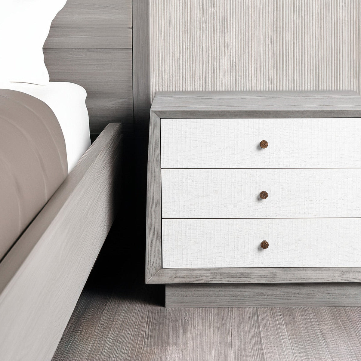 Otilia Bedside Table - Silver Grey & White Saw Cut